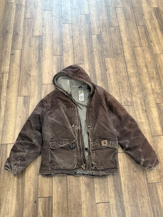 Vintage Carhartt C95 dark brown hooded work jacket with a sherpa lining size 2xl