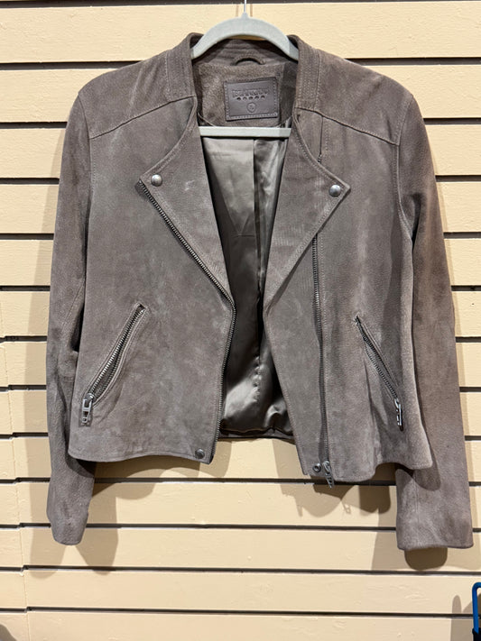 BlankNYC suede moto jacket size large neutral grey color with leather brand tag.
