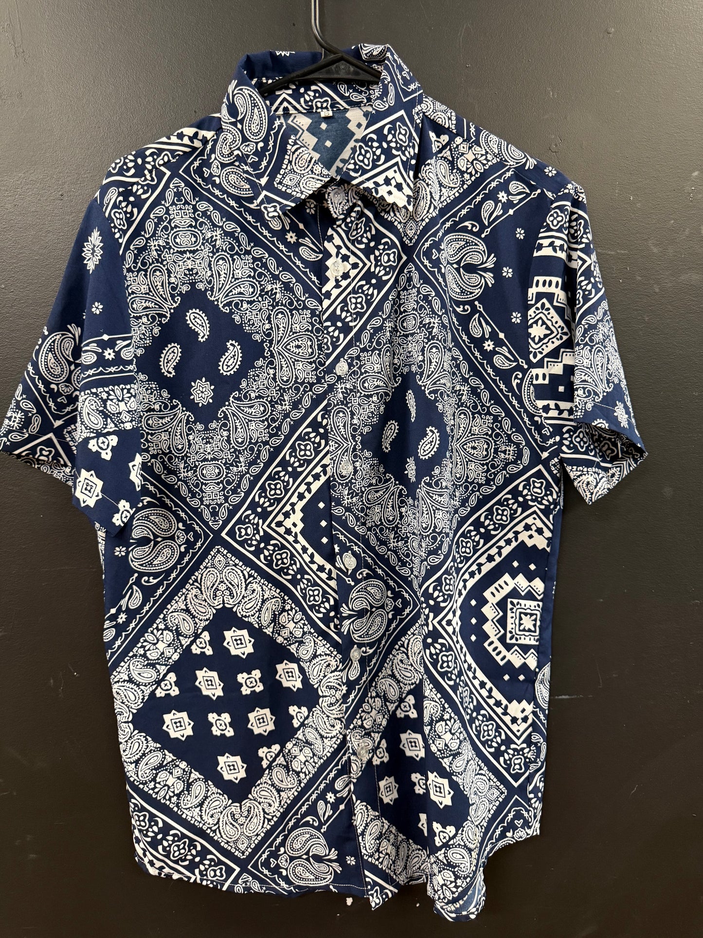 Navy Blue short-sleeve button-down shirt size small intricate white patchwork paisley and bandana-style print