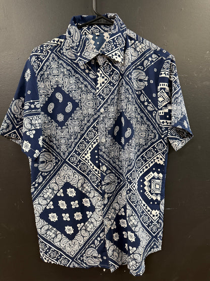 Navy Blue short-sleeve button-down shirt size small intricate white patchwork paisley and bandana-style print