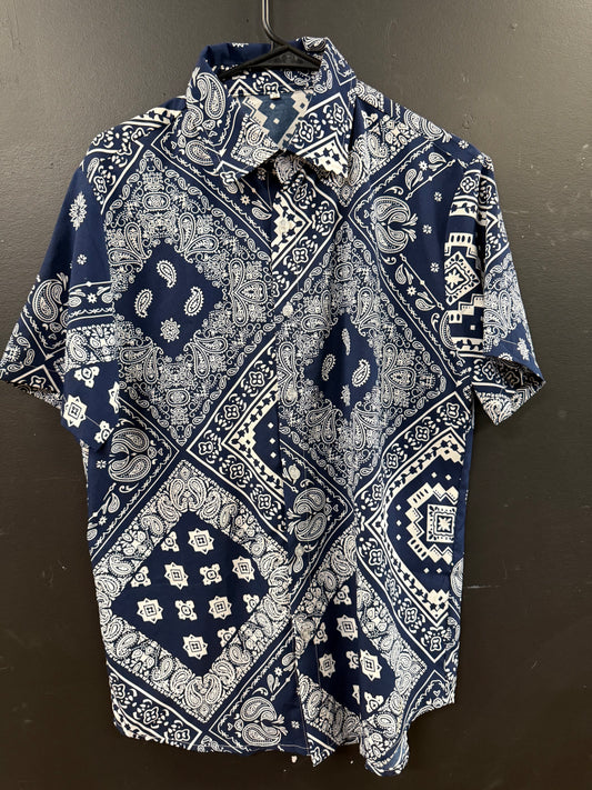 Navy Blue short-sleeve button-down shirt size small intricate white patchwork paisley and bandana-style print