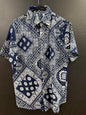Navy Blue short-sleeve button-down shirt size small intricate white patchwork paisley and bandana-style print