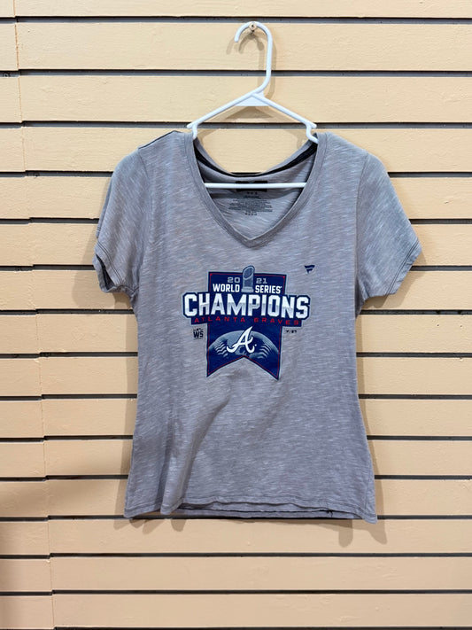 Gray Atlanta Braves 2021 World Series Champions V-neck t-shirt size medium