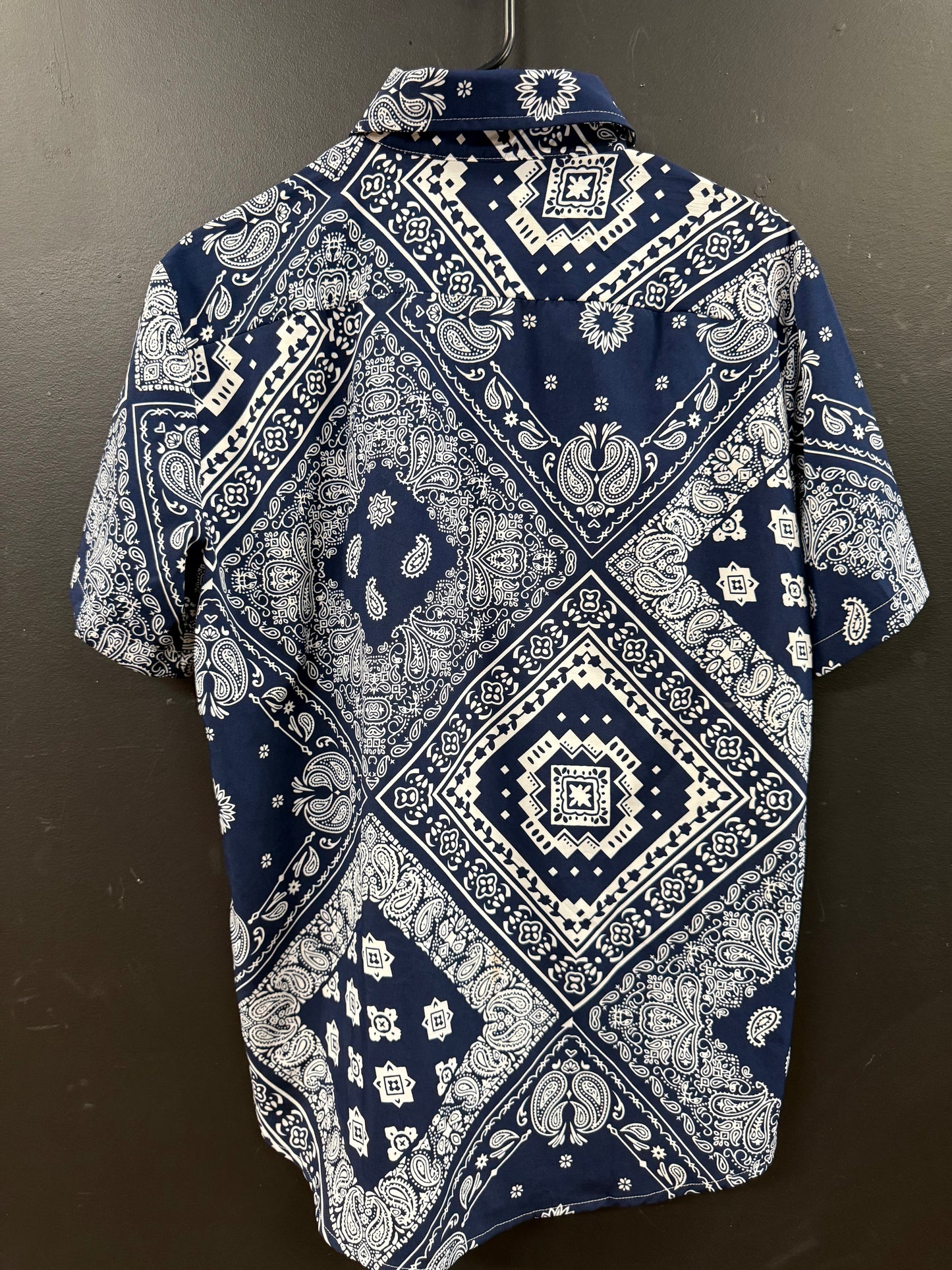 Navy Blue short-sleeve button-down shirt size small intricate white patchwork paisley and bandana-style print