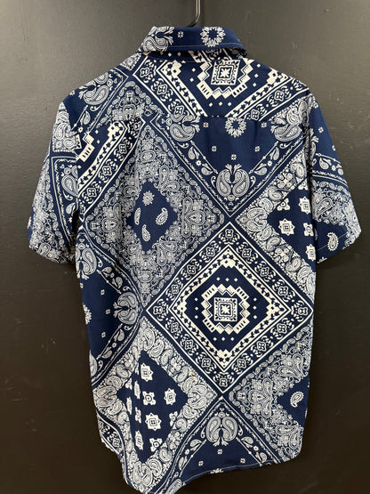 Navy Blue short-sleeve button-down shirt size small intricate white patchwork paisley and bandana-style print