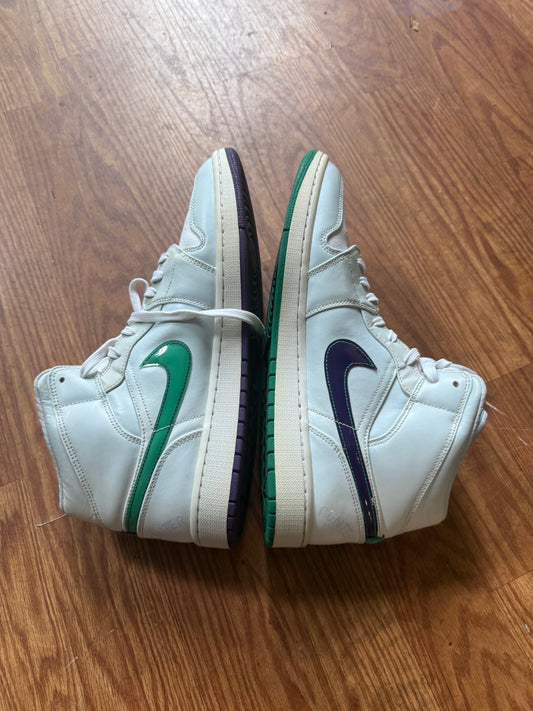Nike Air Jordan 1 Mid SE "Mindfulness" size 13 from the Pregame Pack, featuring a white leather upper with a green Swoosh