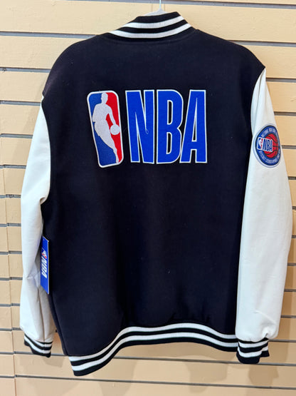 NBA official size large black and white varsity jacket wool-style body with contrasting sleeves and embroidered logos.