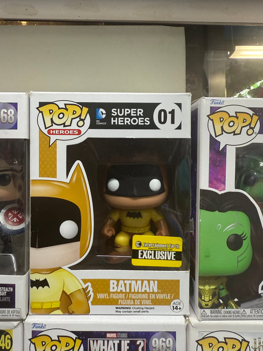 Funko Pop! DC Super Heroes Batman #01 vinyl figure, specifically the Entertainment Earth Exclusive variant.