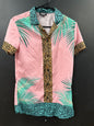 Pink Short-sleeve button-up shirt size xs turquoise and green palm leaf print, contrasted with a bold leopard-patterned collar