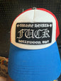 Chrome Hearts "FUCK" Hollywood trucker hat in a red, white, and blue colorway.