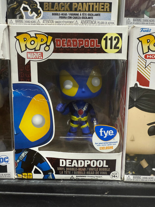 Funko Pop! Marvel #112 Deadpool figure featuring the blue and yellow X-Men suit, available exclusively at f.y.e. stores