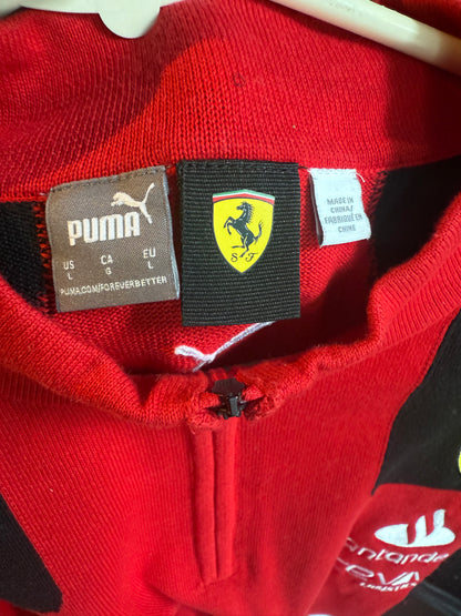 Puma Scuderia Ferrari F1 2023 Team Half-Zip Sweatshirt in red, featuring embroidered team logos and sponsor graphics. Size Large